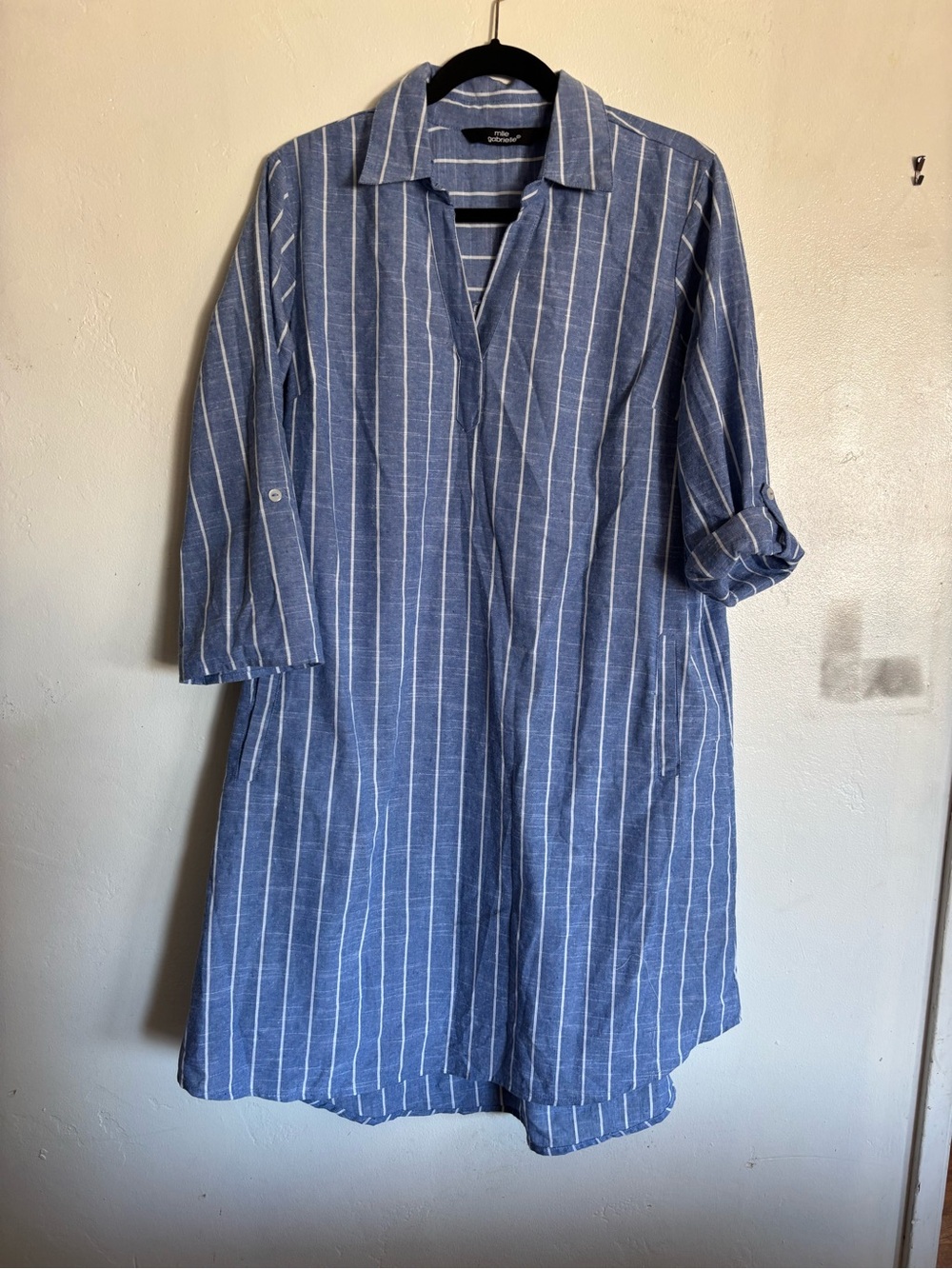 Mlle Gabrielle Blue and White Striped Midi Shirt Dress